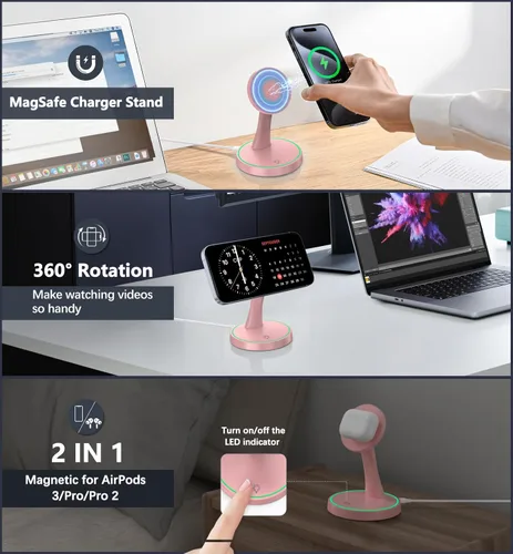Miniatura 2 de Soporte de Cargador Inalámbrico Magnético 15W Cargador Mag-Safe Rápido para iPhone 17/17 Pro/17 Air/17 Pro Max 16/15/14/13/12 Serie Magneitc Púrpura