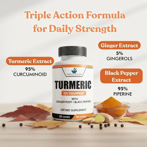 Miniatura 3 de American Standard Supplements Extracto de cúrcuma – Curcumina 95% con extracto de raíz de jengibre y extracto de pimienta negra – 60 cápsulas
