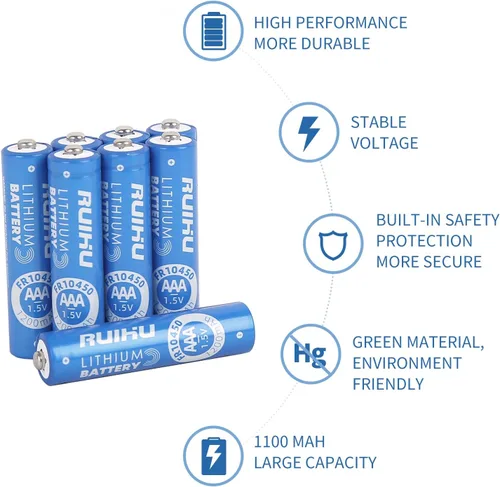 Miniatura 6 de Pilas de litio AAA, paquete de 8 baterías triple A de hierro de litio, baterías de litio AAA de 1.5 V 1200 mAh de larga duración para linterna
