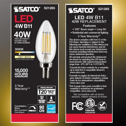 Miniatura 2 de Satco S21265 - Bombilla LED B11 de 4 W, 3000 K (2 bombillas)