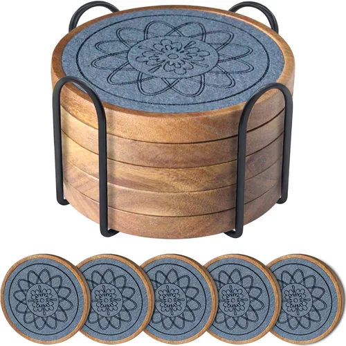 Miniatura 12 de Posavasos de madera para bebidas, juego de 5 posavasos absorbentes, posavasos para bebidas para protección de mesa de café, antideslizantes