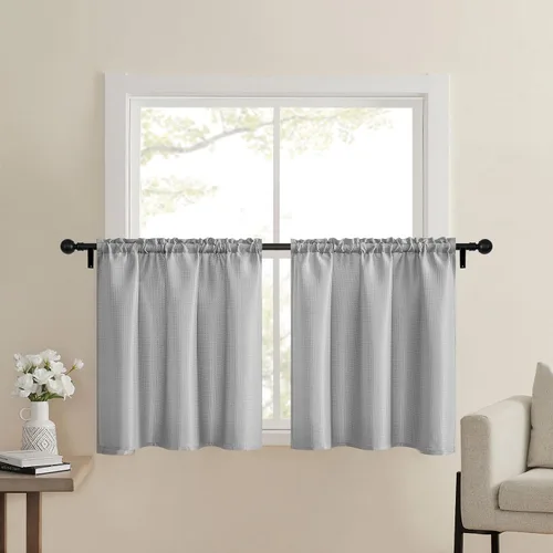 Cortinas de baño gris de Home Queen con textura gofre para ventana de cocina pequeña, repelente al agua, bolsillo de barra, corta, 61 cm x 61 cm