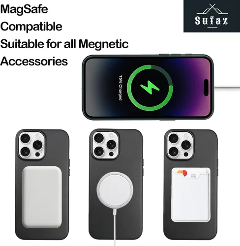 Miniatura 7 de Funda de cuero para iPhone 14 Pro Max - Cuero de grano completo compatible con MagSafe - Funda protectora delgada con botones metálicos y tarjetero