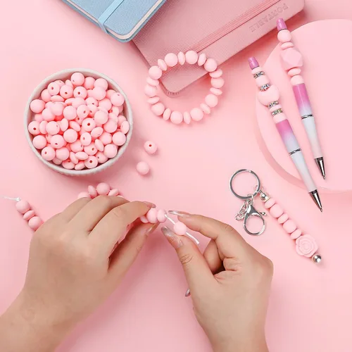 Miniatura 5 de 100 cuentas de silicona de 0.472 pulgadas para llavero, bolígrafo, collar, pulsera, manualidades, goma focal suelta a granel (rosa)