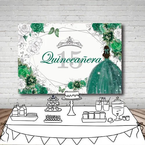 Miniatura 4 de MEHOFOND Telón de fondo de quinceañera con 15 letras para fiesta de niñas de 15 años con texto en inglés «Sweet 15 Quince años», fondo floral azul