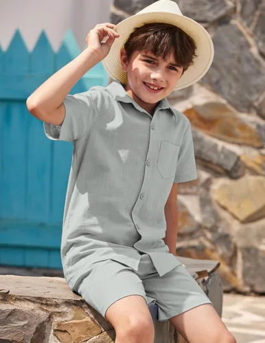 Miniatura 3 de COOFANDY Conjunto de 2 piezas de lino de manga corta con botones y pantalones cortos para niño
