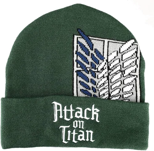 Attack On Titan - Gorro de punto acrílico con logotipo plano bordado en color oliva con Scout Crest Magic Jacquard Verde