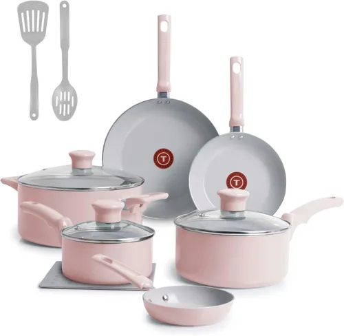 T-Fal Refresh - Juego de utensilios de cocina antiadherentes de cerámica, juego de ollas y sartenes de cerámica de 12 piezas, apto para horno hasta