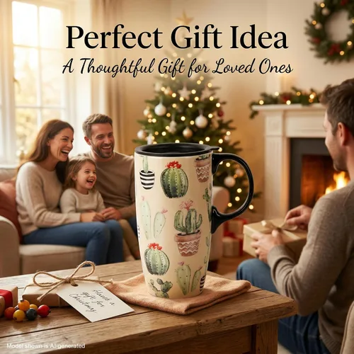 Miniatura 8 de Topadorn Taza de café de cerámica de 17 onzas con tapa, taza de cactus bohemio de acuarela, bonita taza de té de porcelana suculenta, apta