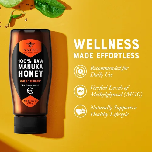 Miniatura 4 de Nate's Raw Manuka Honey New Zealand MGO 83+ Certificado UMF 5+ Botella exprimible de 13.2 oz