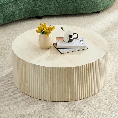 Miniatura 13 de JUSTONE Mesa de Centro Redonda para Sala de Estar, Mesa de Acento Moderna de 31.5 Pulgadas con Acabado de Piedra Artificial Beige Desgastado, Mesa