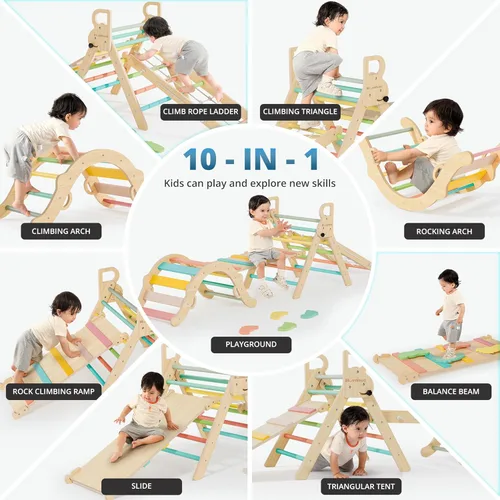 Miniatura 6 de BlueWood Juego de Triángulo Pikler 10 en 1, Juguetes de Escalada para Niños Pequeños de Interior, Escalador Montessori, Gimnasios de Selva