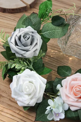 Miniatura 4 de Higfra Flores artificiales, 25 unidades, rosas falsas de aspecto real con tallos para ramos de boda, centros de mesa de baby shower, arreglos Blanco