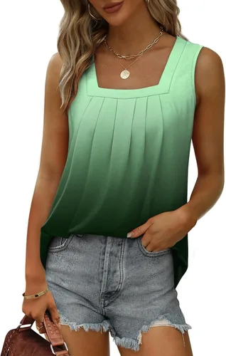 Miniatura 182 de Saloogoe - Camisetas sin mangas veraniegas para mujeres, plisadas con cuello cuadrado y dobladillo curvado, blusas de ajuste holgado con movimiento