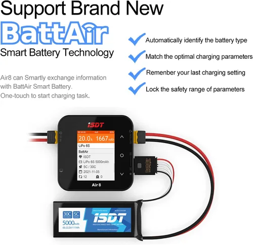 Miniatura 6 de ISDT Cargador de batería Air8 Lipo, cargador de equilibrio descargador 20A 500W DC 1-8S Pantalla LCD Digital Smart Battery Balance Cargador Li-Po
