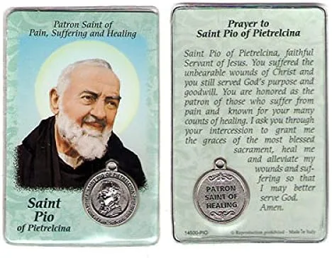 Tarjeta de oración de San San Pío Padre Pio, tarjetas sagradas de patrocinio, patronato, curación del dolor, enfermo, con medalla