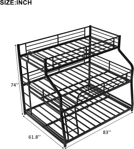 Miniatura 2 de Flieks Cama triple de metal individual XL sobre matrimonial XL sobre cama Queen con escaleras, litera para familia, adolescentes, no necesita somier
