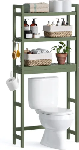 Miniatura 12 de SONGMICS Almacenamiento sobre el inodoro, organizador de baño de 3 niveles sobre el inodoro con estantes ajustables, ganchos, bambú, estantes
