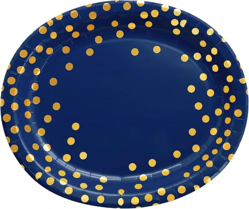 Miniatura 2 de 30 platos azul marino de 10 x 12 pulgadas, platos ovalados de papel azul y dorado, platos desechables grandes para fiestas de graduación