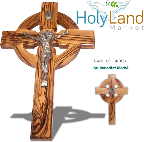 Miniatura 2 de Holy Land Market Crucifijo de pared de madera de olivo celta de 6 pulgadas, hecho a mano en Belén con medalla de metal de San Benito