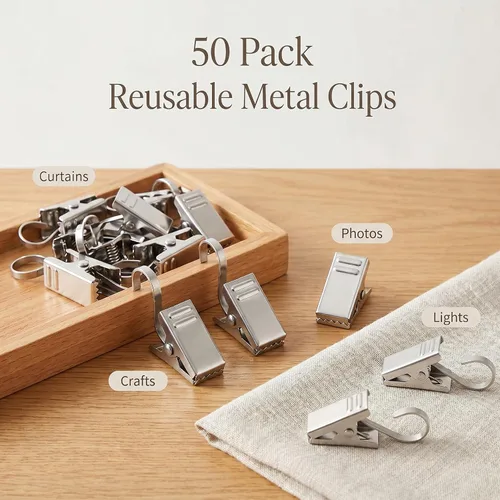 Miniatura 5 de BIHRTC Paquete de 50 clips para cortina engrosados de acero inoxidable con ganchos, colgador de luces, soporte pequeño de alambre metálico