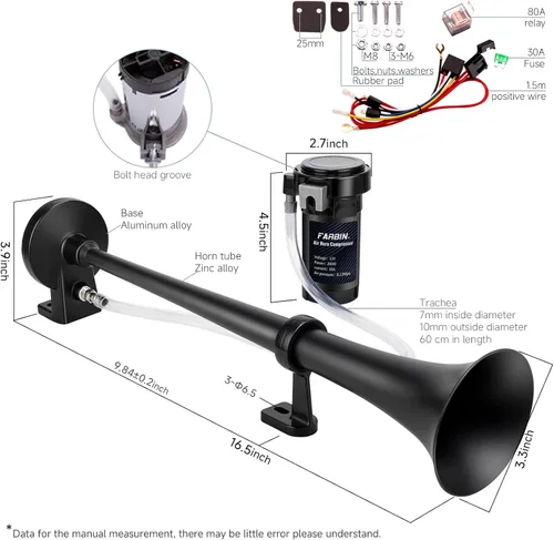 Miniatura 6 de FARBIN Kit de bocina de aire de 12 V 150 db, bocina de tren para coche, bocina de aire para camión, bocina de camión ruidosa con interruptor