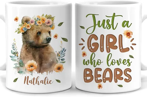 Hyturtle Regalos Personalizados Amante de Osos - Taza de Café de Cerámica Just A Girl Who Loves Bears con Nombre Personalizado 11oz - Idea de Regalo