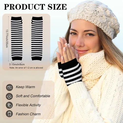 Miniatura 22 de Amandir Guantes largos sin dedos para mujer, calentadores de brazos, guantes elásticos de punto para el pulgar