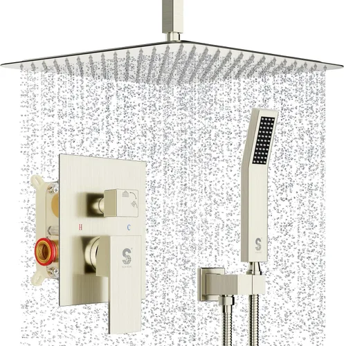 SR SUN RISE Sistema de Ducha de Níquel Cepillado de 16 Pulgadas para Baño de Lujo con Mezclador de Lluvia, Juego Combinado de Ducha con Cabezal de