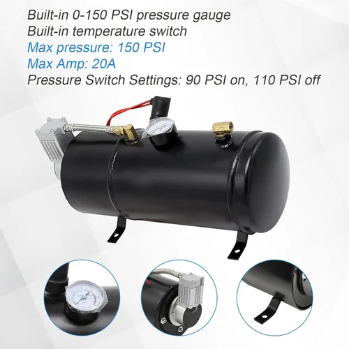 Miniatura 4 de Kit de bocinas de tren de 150DB con 4 trompetas, súper fuerte con compresor de aire de 150 PSI 12V, tanque compresor de bocina de aire