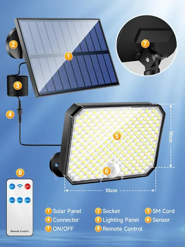 Miniatura 8 de One Fire Luces solares para exteriores, 190 LED, 1500 lúmenes, 3 modos con sensor de movimiento, control remoto, luces de seguridad solar IP65