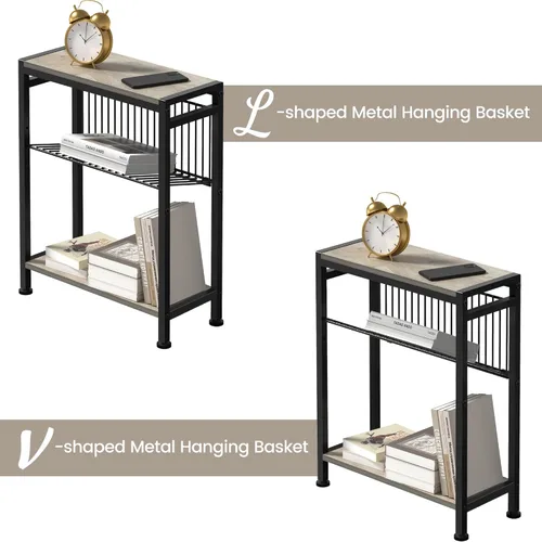 Miniatura 5 de Mesa auxiliar pequeña para espacios pequeños, mesa auxiliar estrecha de 3 niveles con portarevistas, mesita de noche delgada, mesa delgada para Gris