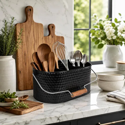 Miniatura 5 de Bedding Craft Organizador de utensilios galvanizado – Soporte de metal para cocina, picnic y fiestas, organizador rústico para negro, cubiertos