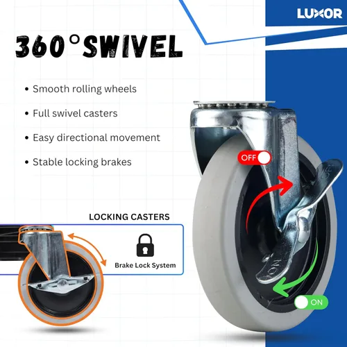 Miniatura 6 de Luxor HE34-BU Carrito utilitario – 3 estantes de plástico de espuma estructural, cuatro ruedas giratorias de 4", dos con freno de bloqueo, mango Azul