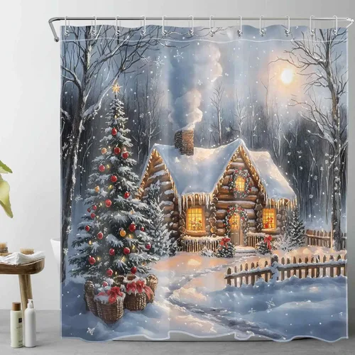 Miniatura 12 de EOBTAIN Cortina de ducha de hojas verdes de Navidad para baño, ramas de piña y abeto con bayas rojas sobre negro, cortina de ducha con 12 ganchos