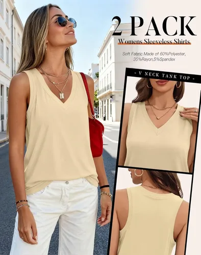 Miniatura 3 de KKJ Paquete de 2 camisetas sin mangas para mujer, cuello en V, camisetas de verano sin mangas, ajuste holgado, casual, trajes de vacaciones, camisas