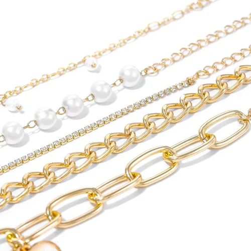 Miniatura 3 de Zeelina Pulsera de gargantilla de diamantes de imitación con cadena de clip de perlas doradas apilable ajustable conjunto de joyería de moda