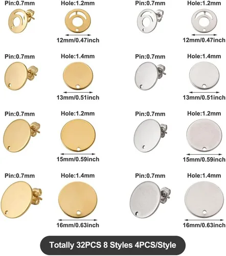 Miniatura 3 de 32 aretes de acero inoxidable 201, aretes redondos planos de acero inoxidable de 24 quilates, con pasador de acero inoxidable 304 para aretes