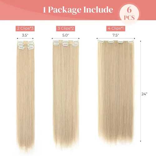 Miniatura 2 de LONAI 6 extensiones de cabello con clip, 24 pulgadas de largo, lacio, sintético, postizo para mujer, rubio ceniza natural