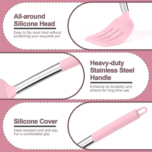 Miniatura 3 de P&P CHEF Juego de 4 utensilios de cocina rosados, espátulas sólidas de silicona, cucharas ranuradas para utensilios de cocina antiadherentes