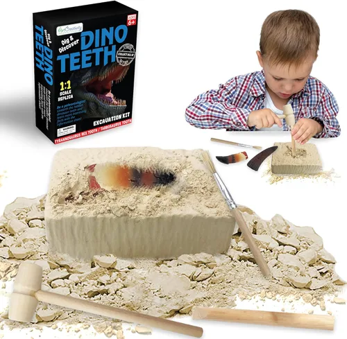 ArtCreativity Dino Teeth Dig and Discover Kit de excavación para niños, incluye dientes fósiles de juguete T-rex y Tarbosaurus con 2 herramientas de