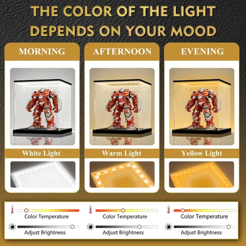 Miniatura 4 de LANSCOERY Vitrina de acrílico con luz LED ajustable amarilla/blanca/cálida, caja transparente de protección UV, vitrina a prueba de polvo