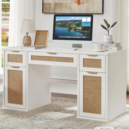 Miniatura 10 de LEYAOYAO Office Desk 56" with 5 Drawers Storage File Cabinet Rattan Wood Desk for Computer Office Bedroom Home Furniture Black