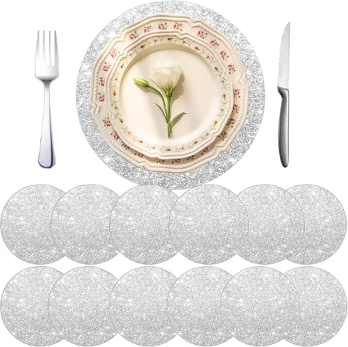 Miniatura 8 de Juego de 4 manteles individuales negros de cuero brillante con purpurina de 15.4 pulgadas para decoración de fiestas, bodas, día de Acción
