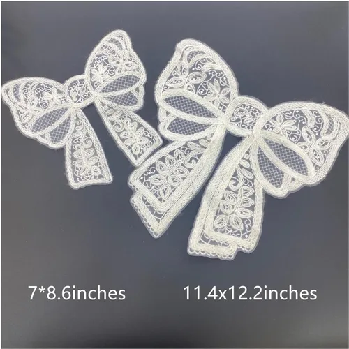 Miniatura 3 de 2 piezas de parches de encaje con moño, parches de encaje bordados blancos para decoración de vestido de novia y boda
