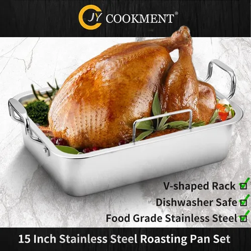 Miniatura 3 de Asador rectangular de acero inoxidable de 15 pulgadas con estante en forma de V y tostador de pavo, tostador rectangular para pavo, pollo, verduras