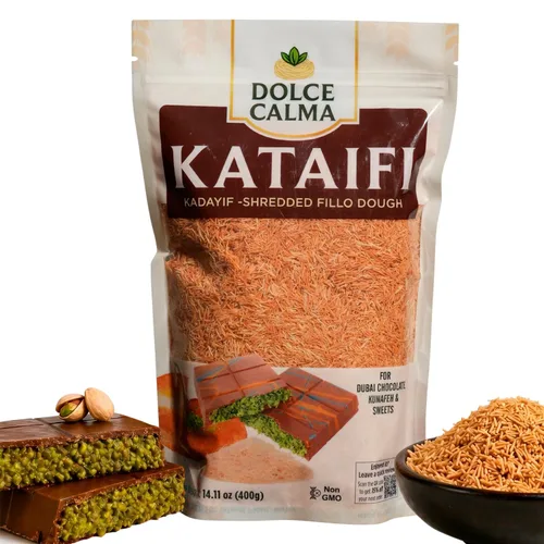 Dolce Calma Kataifi tostado 14.01 oz (400 g) Bolsa resellable, hebras Kadayif tostadas finas para chocolate Dubai, masa filo triturada frita al aire