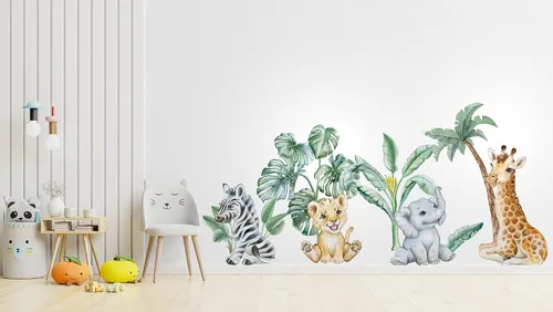 Miniatura 2 de Calcomanías de pared grandes con diseño de animales de safari, diseño de árboles tropicales con animales africanos