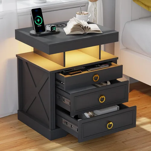 Miniatura 16 de HNEBC Mesita de noche con cajones para armas, mesita de noche de granja con estación de carga, mesita de noche secreta con luz automática de 3