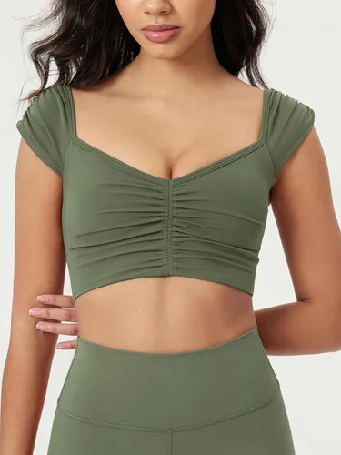 Miniatura 12 de ODODOS Camiseta corta sin mangas con cuello en V y frente fruncido para mujer, recortada en la espalda, manga casquillo